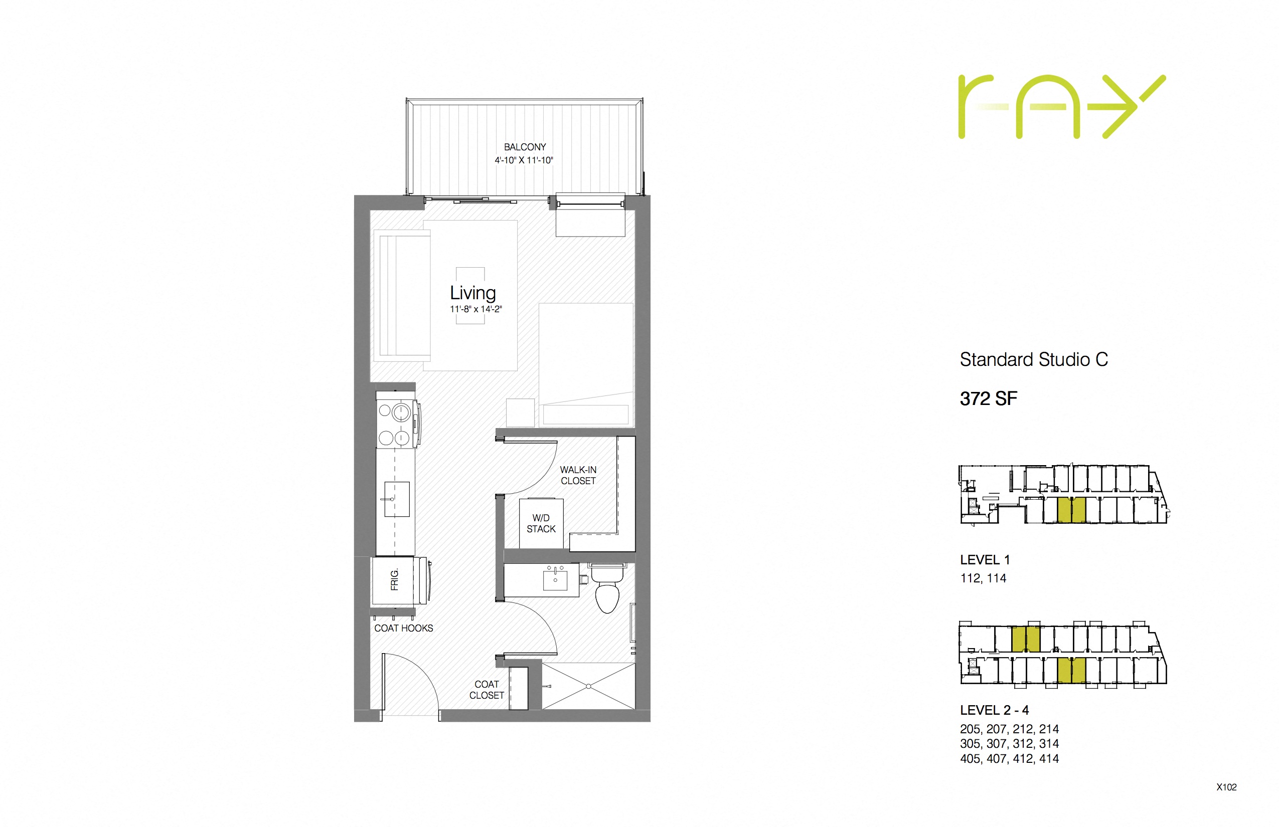 Floor plan for studio, 1 bath, 372 sqft